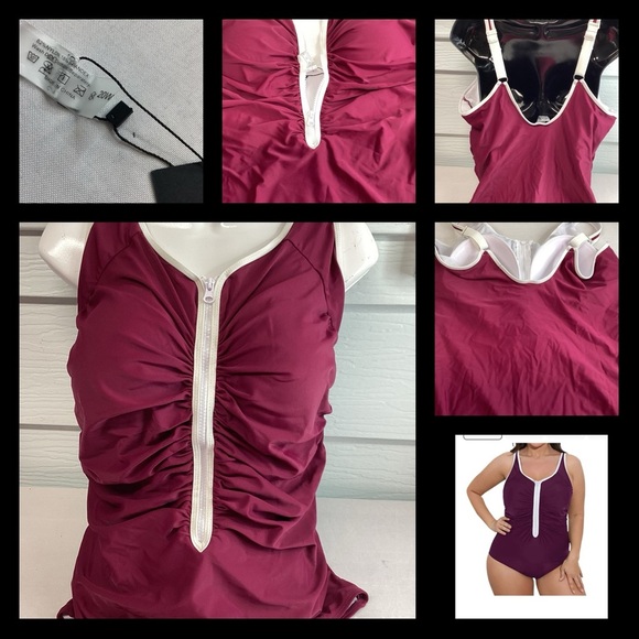 Burgundy and white zipper front one piece swimsuit. 5 - Picture 5 of 6